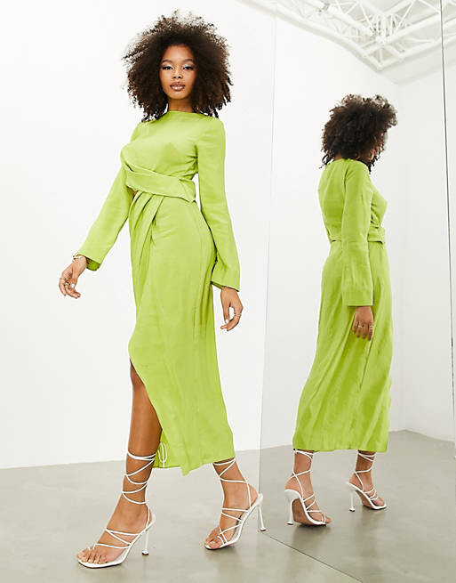 

Зеленое платье миди с длинными рукавами и драпировкой ASOS EDITION