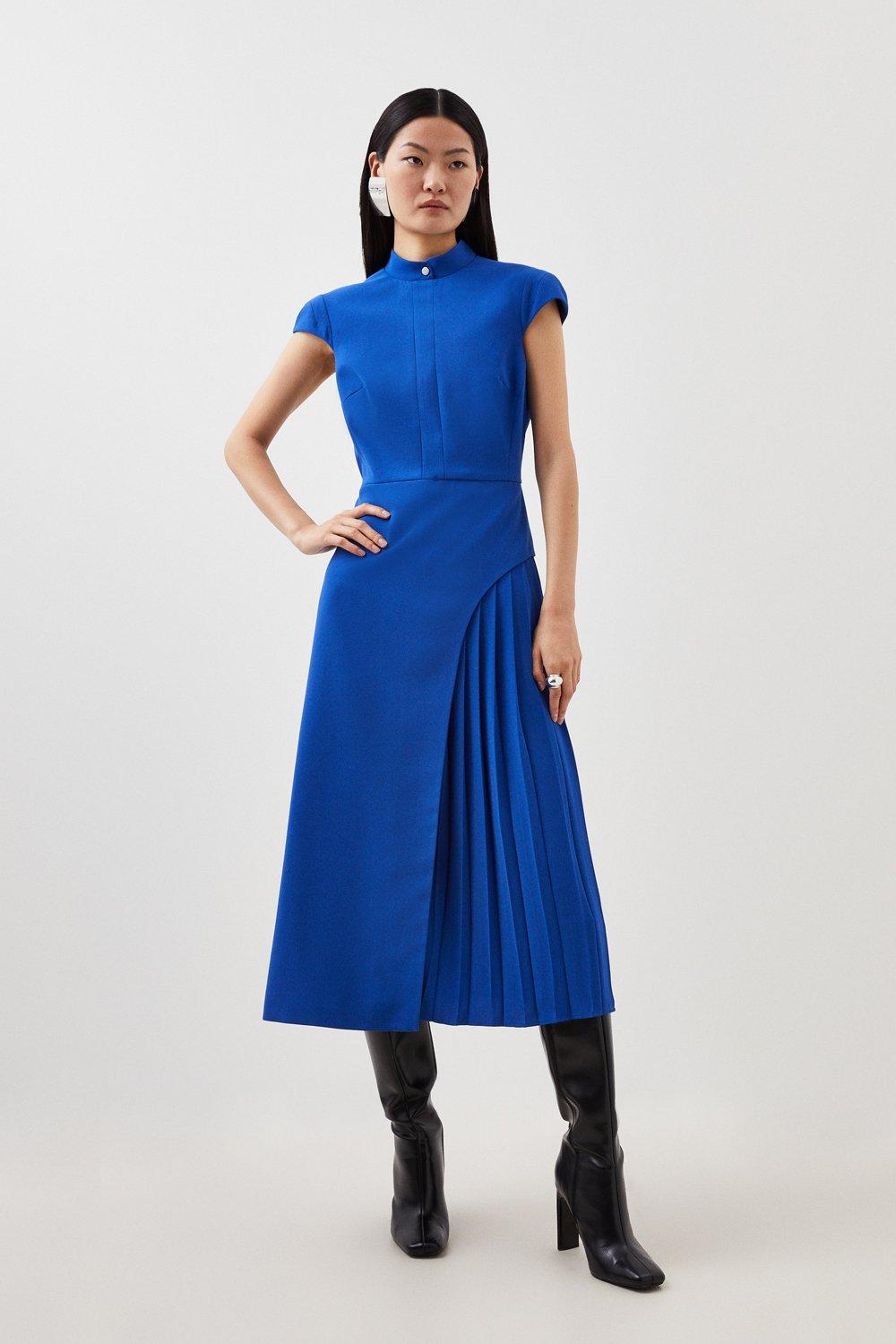 Платье миди из крепа с высоким воротником и складками по бокам Karen Millen, синий платье мини из крепа с контрастным воротником