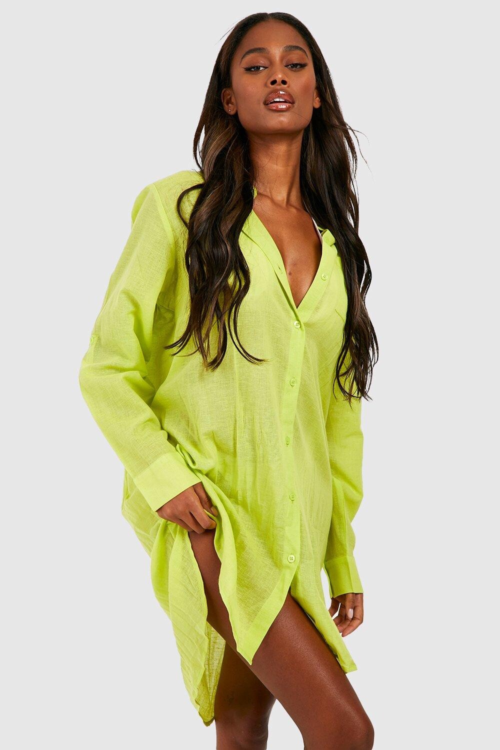 

Удлиненная пляжная рубашка из льняного узора boohoo, зеленый