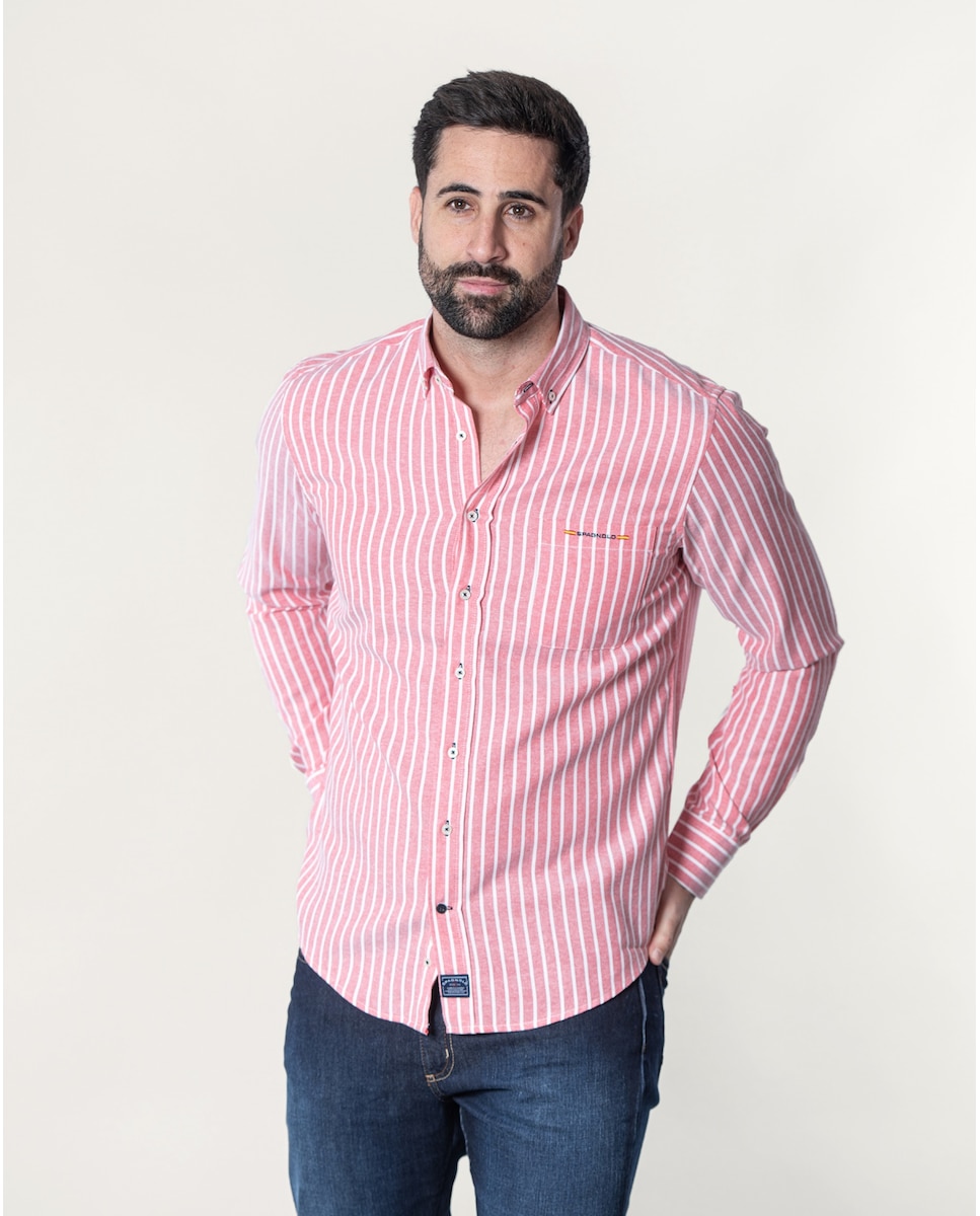 Обычная мужская оксфордская рубашка в розовую полоску с карманом Spagnolo, розовый обычная мужская оксфордская рубашка в полоску с карманом синего цвета spagnolo синий