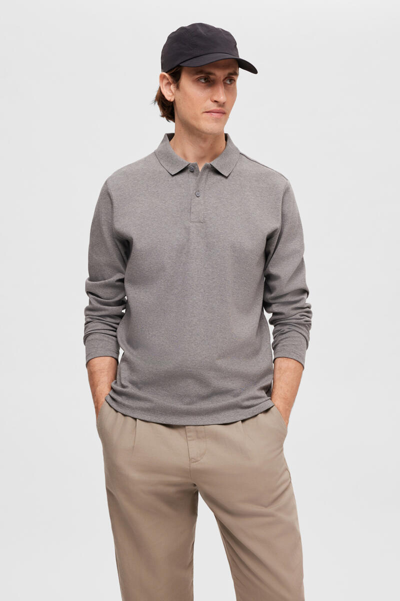 Рубашка-поло из переработанного хлопка с длинными рукавами Selected, серый