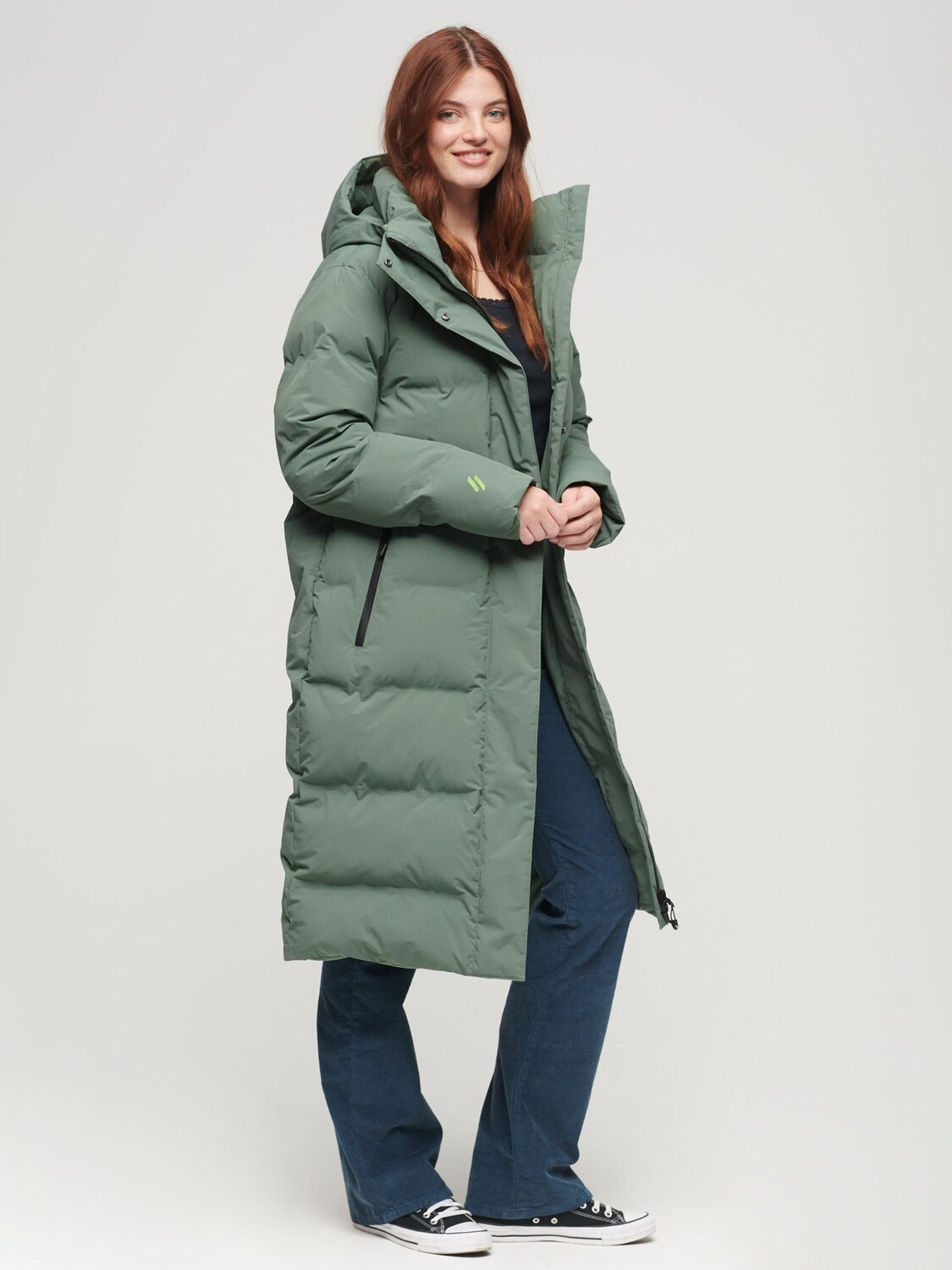 

Удлиненный пуховик с капюшоном Superdry, лорел хаки