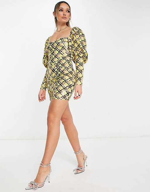 

Платье мини в клетку с пышными рукавами и пайетками ASOS LUXE