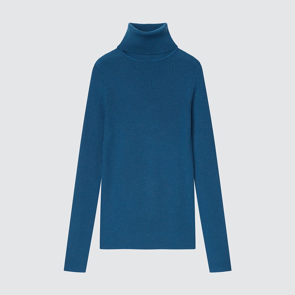 

Свитер Uniqlo камвольный в рубчик из мериносовой ткани с двумя лацканами, синий