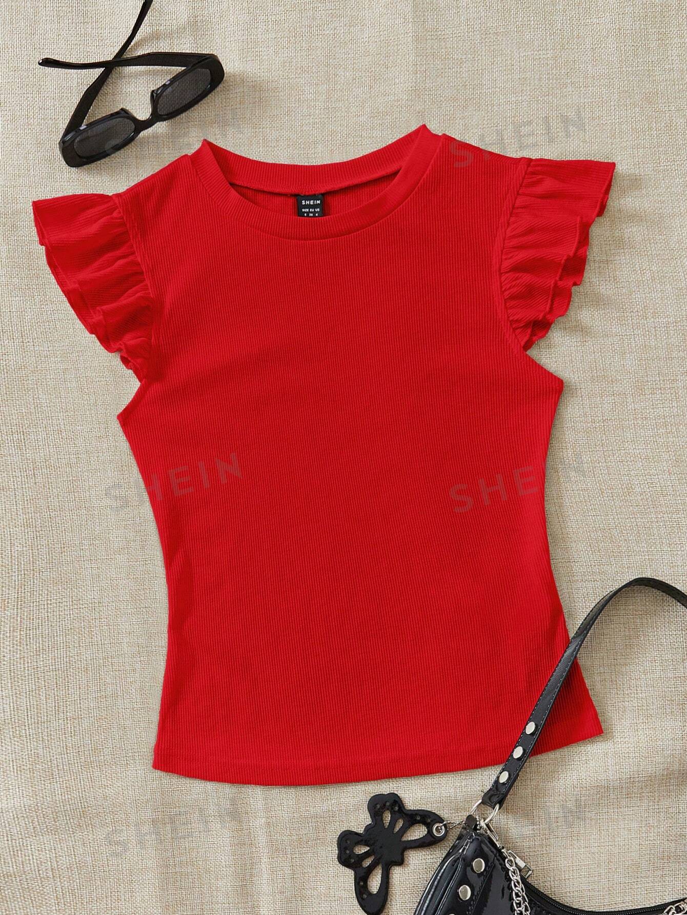 SHEIN WYWH трикотажная однотонная женская футболка с круглым вырезом и короткими рукавами, красный