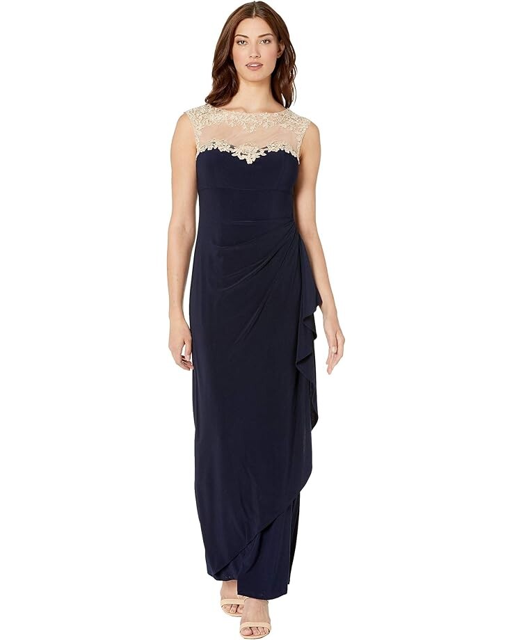 

Платье Alex Evenings Long Sleeveless Side Ruched with Embroidered Sweetheart Illusion Neckline, темно-синий