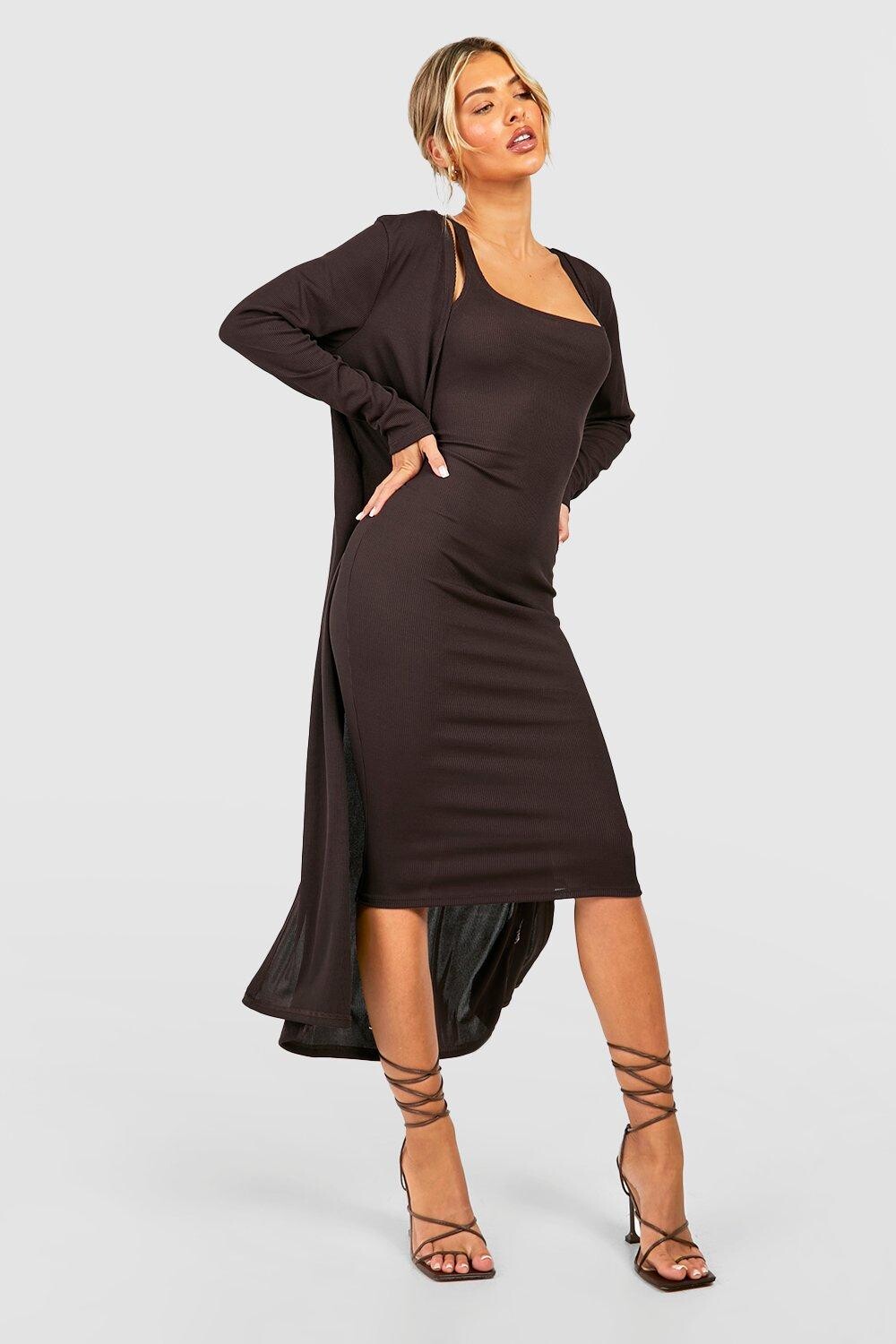 

Платье миди в ребрику и комплект пыльника Boohoo, шоколадный, Коричневый