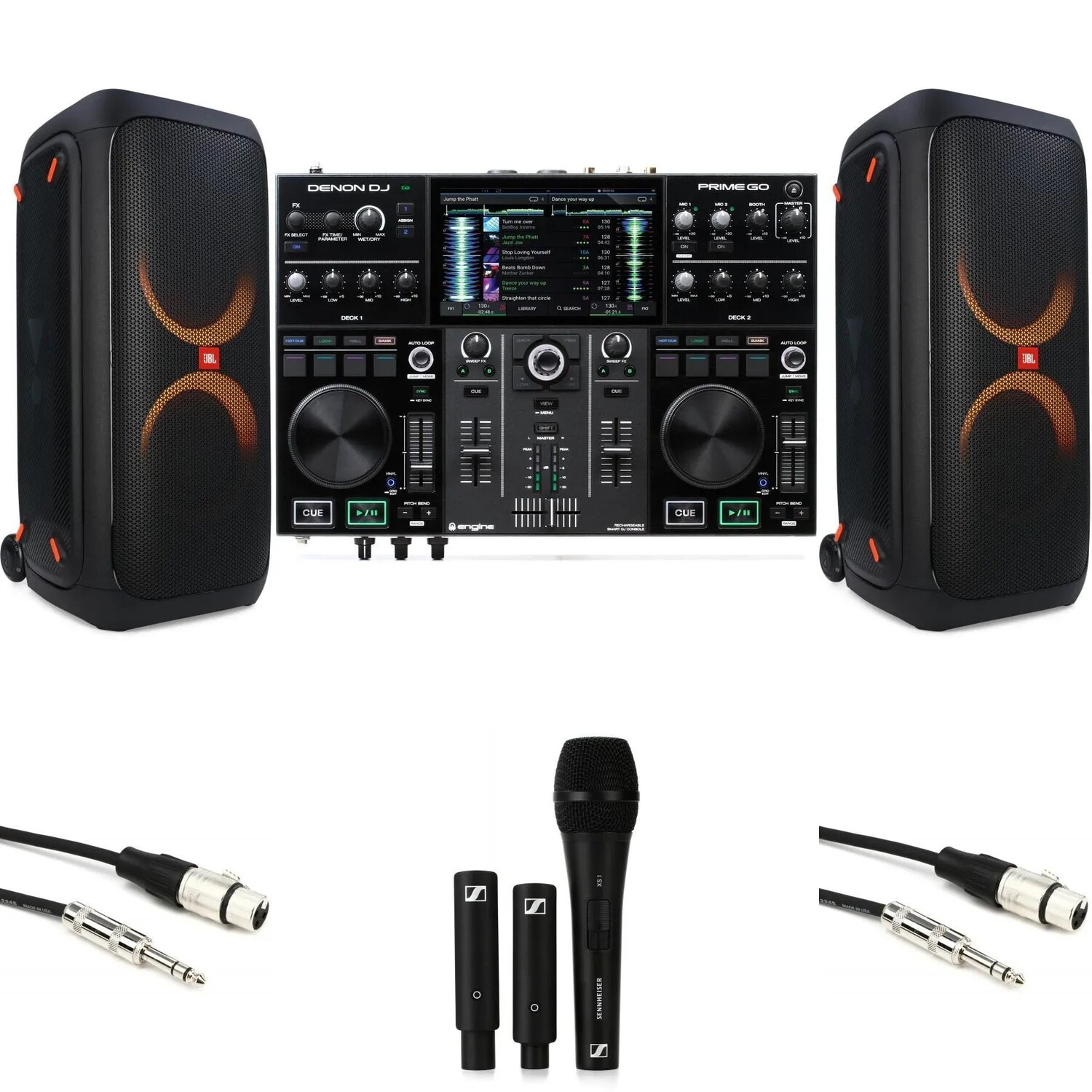 

Перезаряжаемый DJ-комплект Denon DJ с DJ-системой Prime GO, парой динамиков JBL PartyBox 310 и беспроводным микрофоном