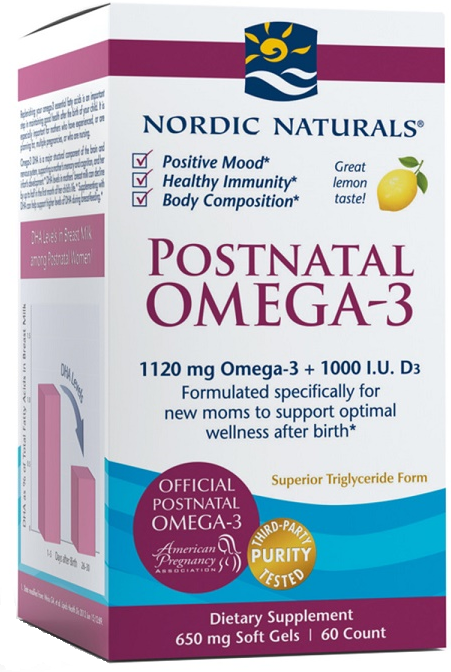 цена Nordic Naturals Postnatal Omega 3 1120 Mg Lemon Омега-3 жирные кислоты с витамином D3, 60 шт.