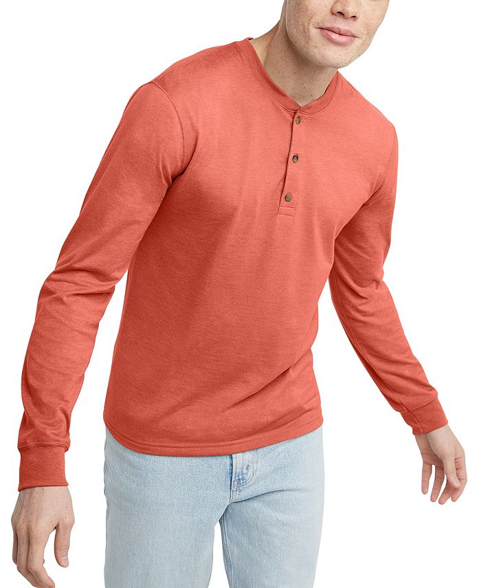 Мужская оригинальная хлопковая футболка с длинными рукавами на пуговицах Hanes, красный цена и фото