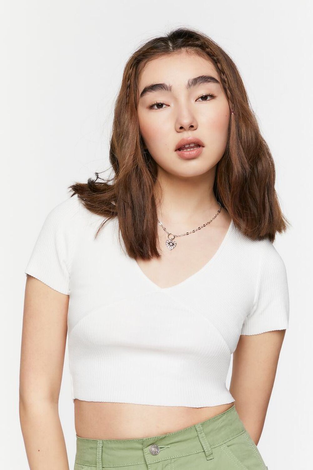 

Укороченный топ в рубчик с V-образным вырезом Forever 21, белый