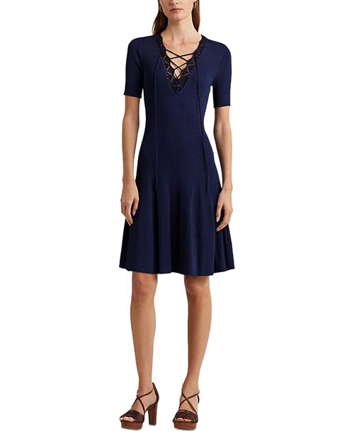 Расклешенное платье со шнуровкой и воротником-стойкой Ralph Lauren, цвет Blue