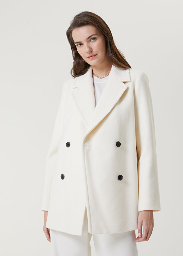 Белое двубортное шерстяное пальто Beymen toptop белое пальто в гусиную лапку toptop
