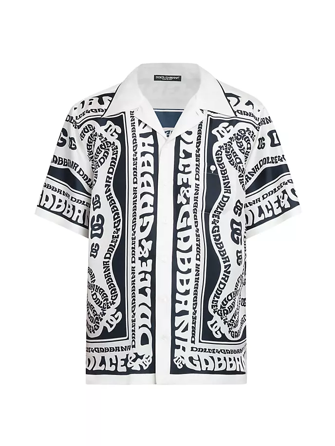Шелковая рубашка с логотипом и банданой на пуговицах спереди Dolce&Gabbana, синий