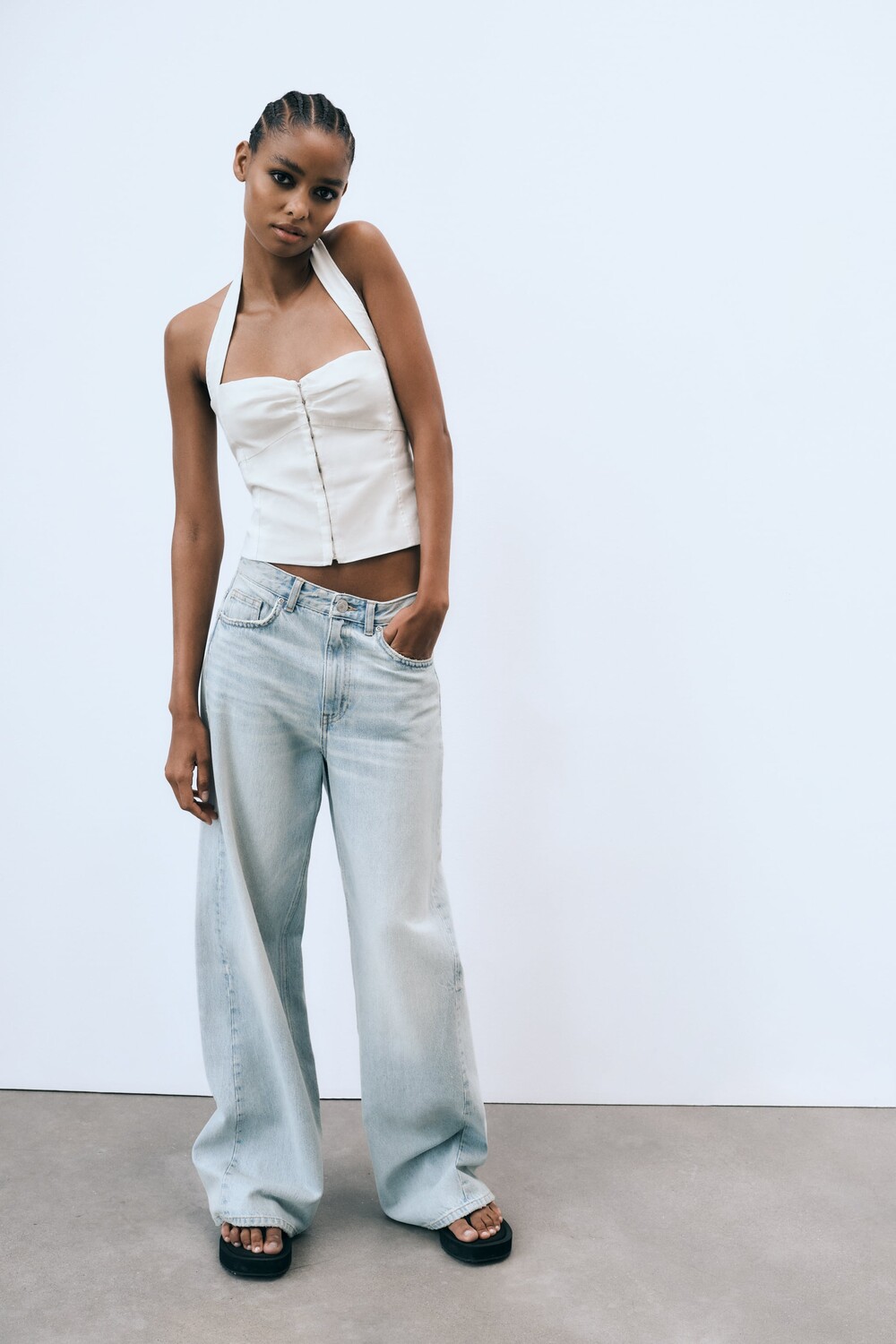 

Эластичный топ из смешанного льна Zara, экрю