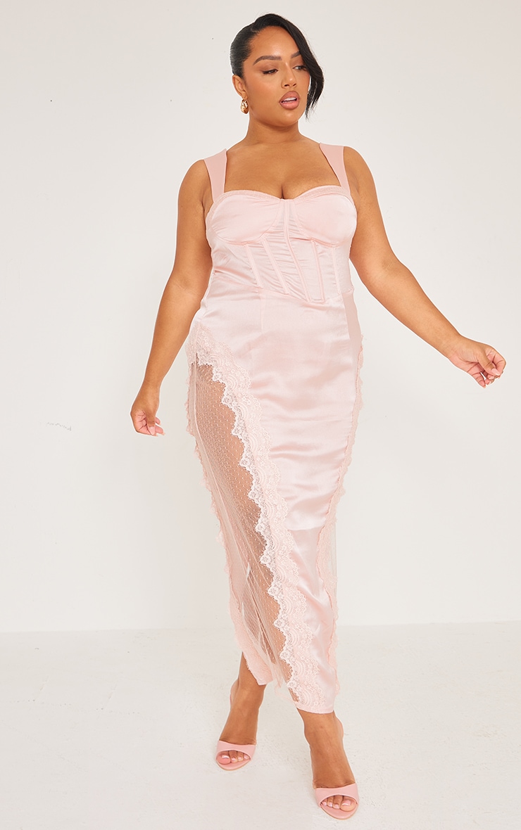 PrettyLittleThing Корсетное платье миди пыльно-розового цвета с кружевной отделкой