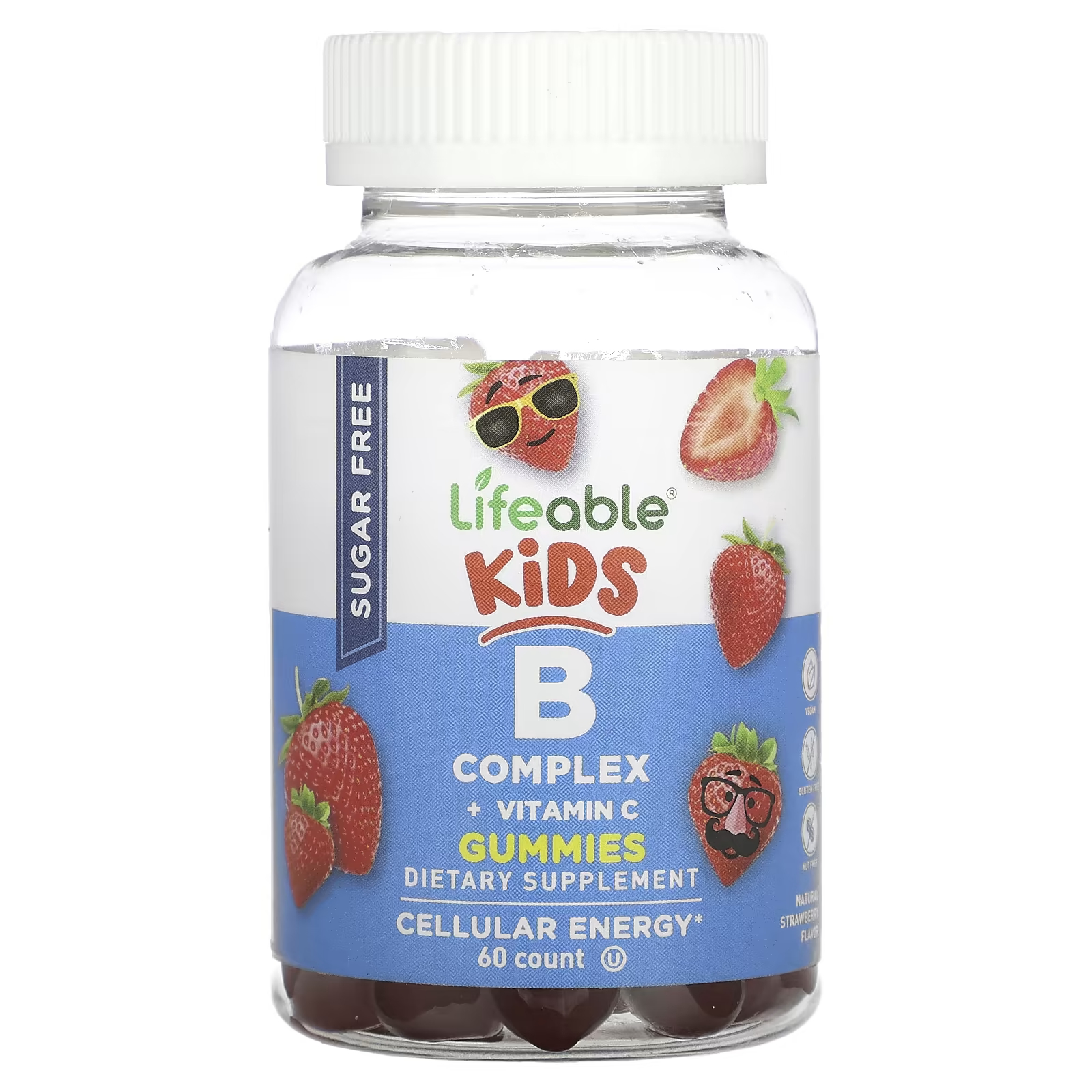Lifeable Kids Комплекс витаминов B + витамин С, жевательные конфеты, без сахара, натуральная клубника, 60 жевательных конфет цена и фото