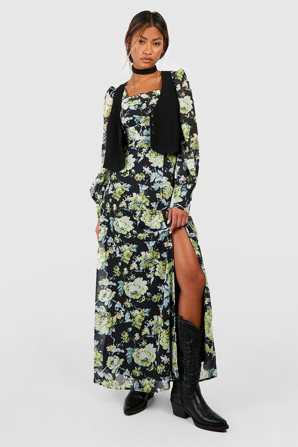 

Платье макси-молочница с цветочными деталями корсета Boohoo, черный