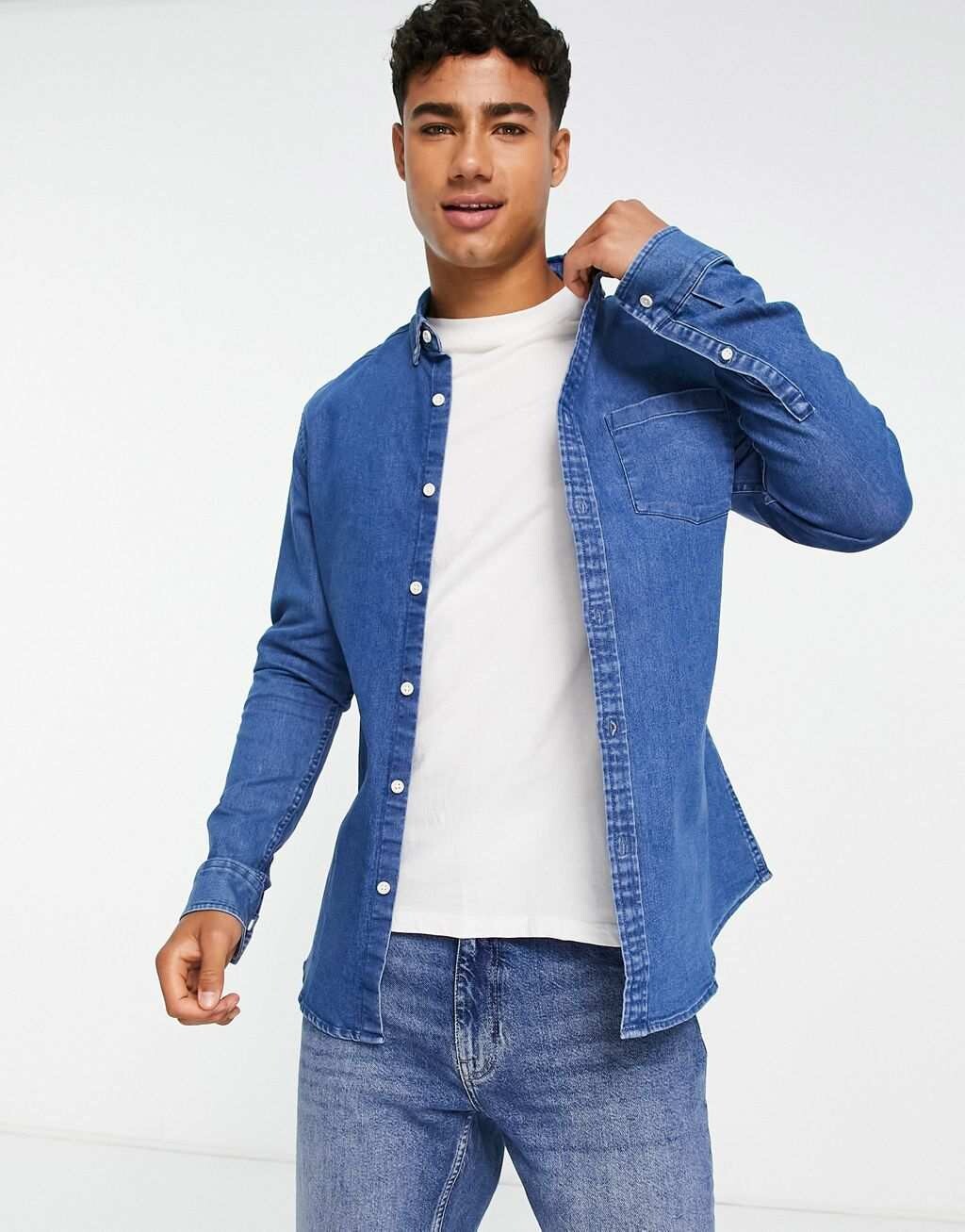 

Синяя узкая рубашка из эластичного денима ASOS DESIGN