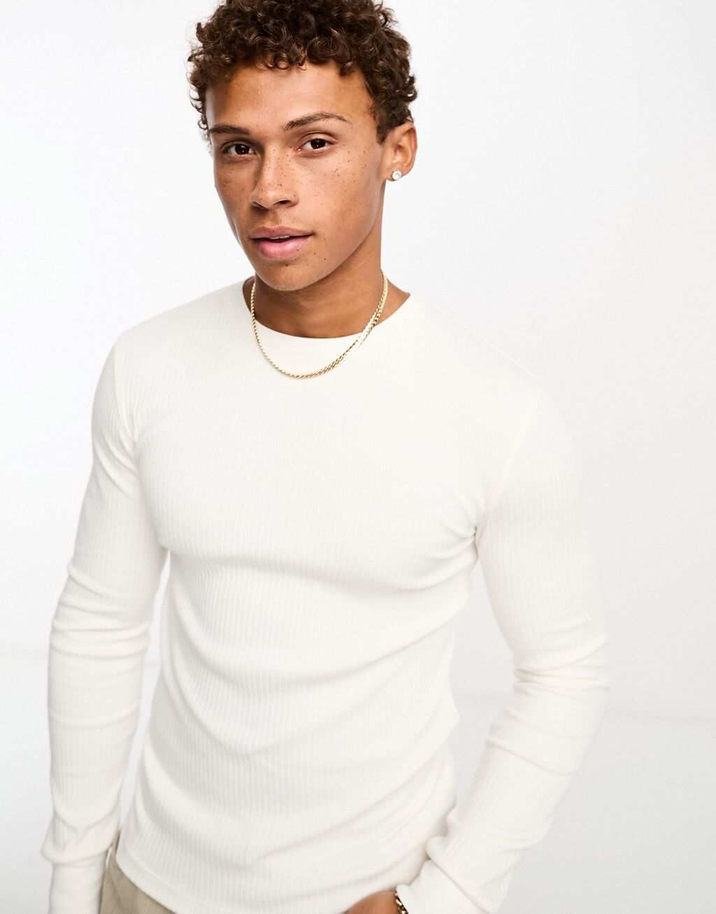 

Бежевая футболка в рубчик с длинными рукавами ASOS DESIGN, Бежевый