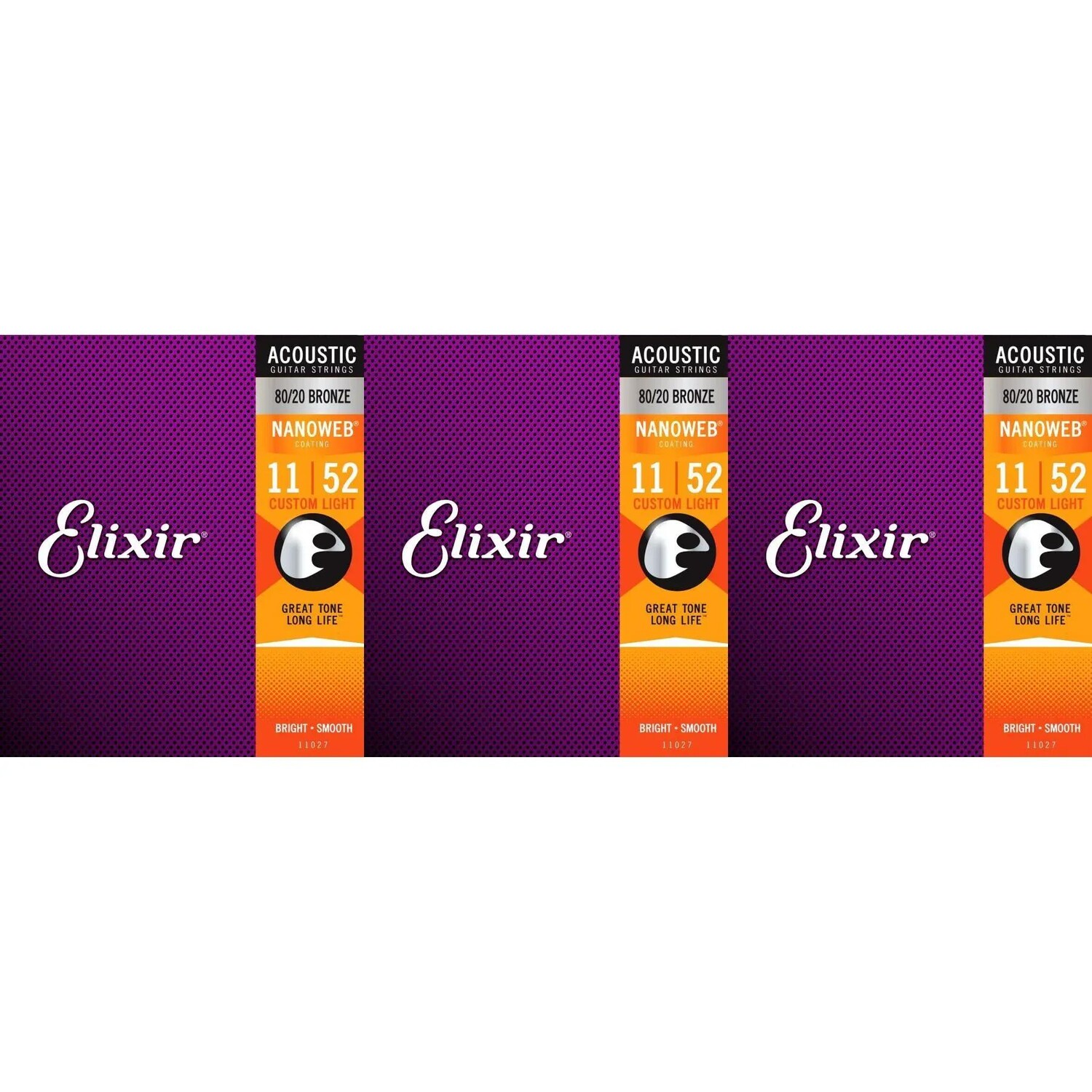 

Elixir Strings 11027 Nanoweb 80/20 Струны для акустической гитары — .011-.052 Custom Light (3 шт.)