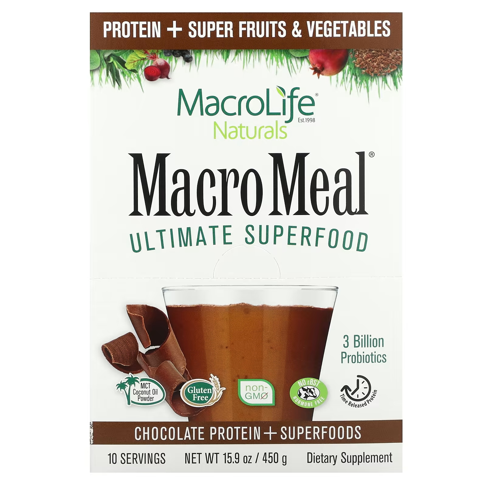 Macrolife Naturals MacroMeal Ultimate Superfood Chocolate 10 пакетов по 1,6 унции (45 г) каждый macrolife naturals macropets ежедневный суперфуд для собак и кошек 180 г 6 35 унции