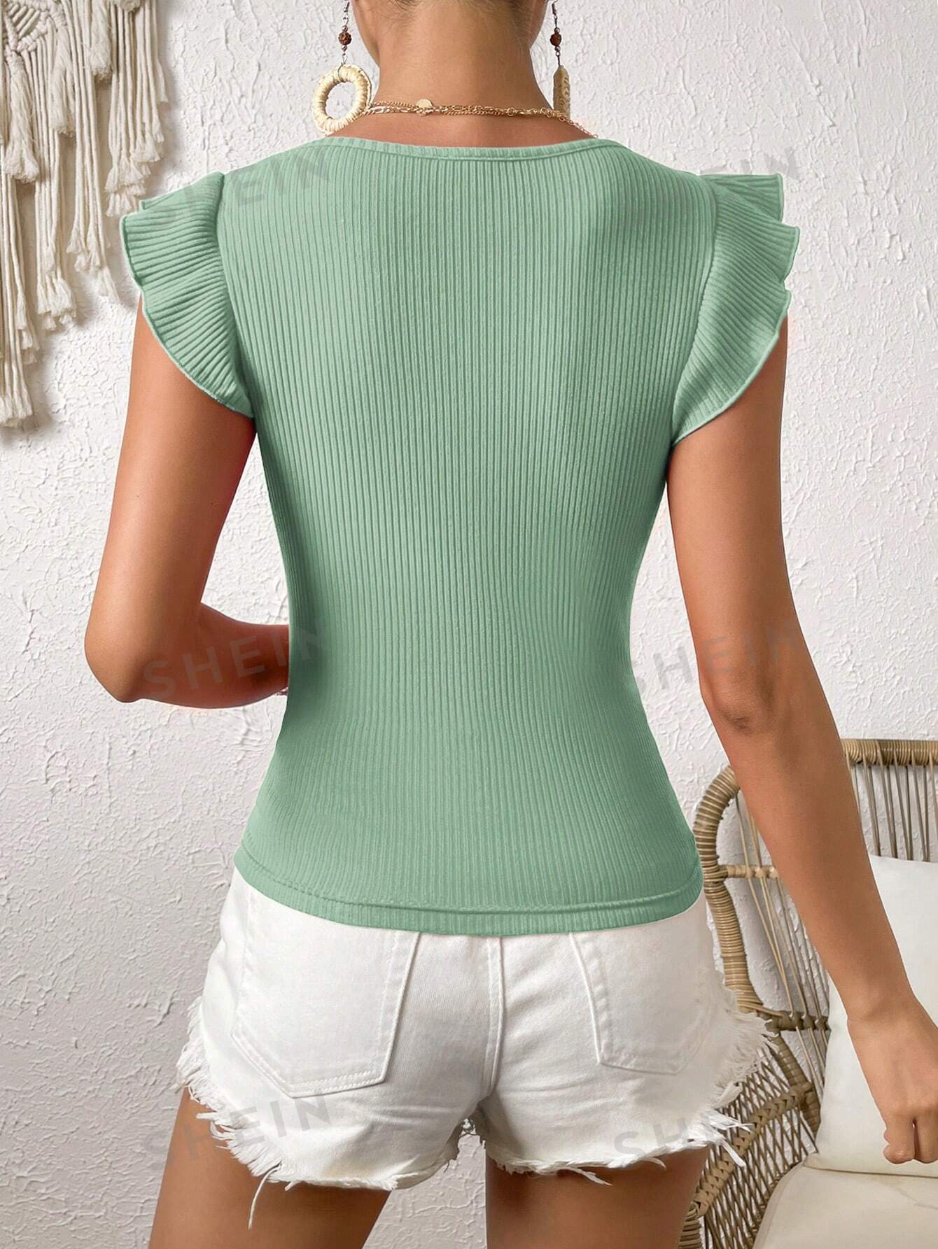 SHEIN VCAY однотонная трикотажная футболка в рубчик с летящими рукавами, мятно-зеленый