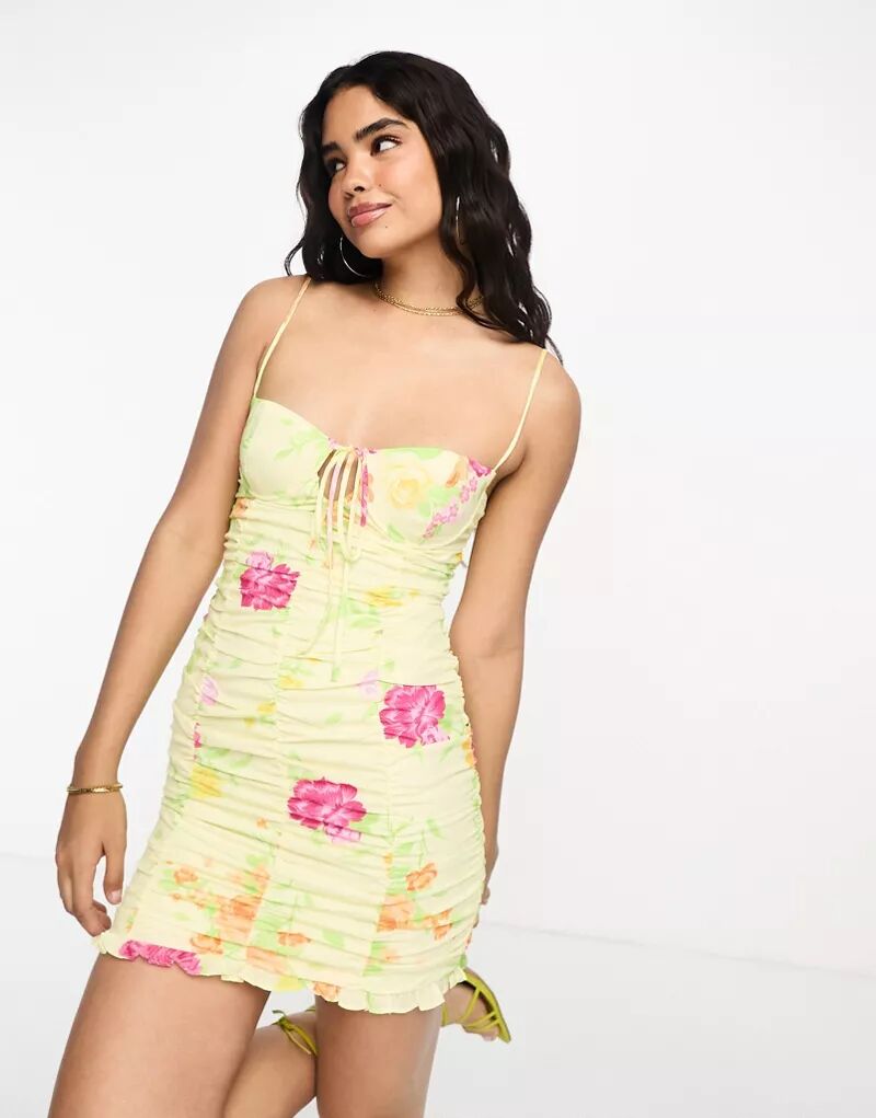 Разноцветное облегающее платье мини со сборками и цветочным принтом The Frolic