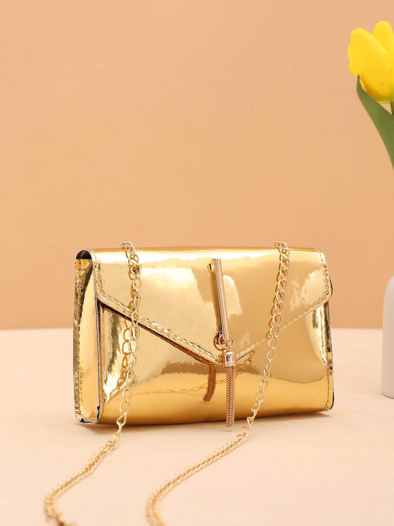 Глянцевая модная сумка через плечо с металлической цепочкой и сумкой через плечо, золото женская сумка через плечо из пу кожи с металлической цепочкой 120 см