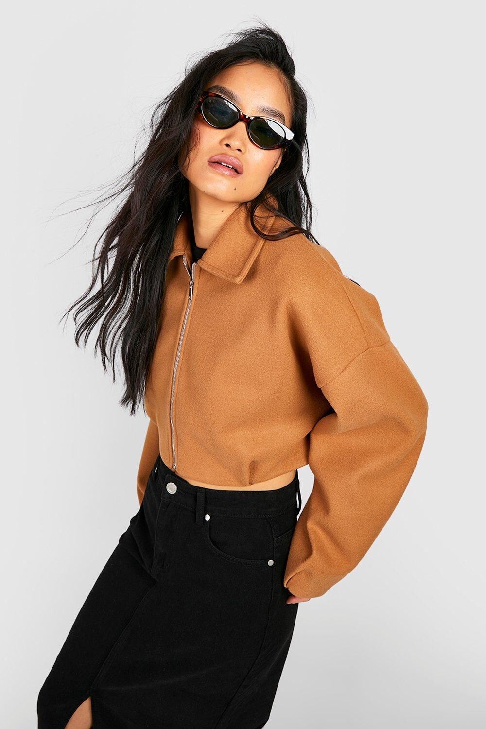 

Укороченный бомбер из шерсти на молнии Boohoo, кэмел