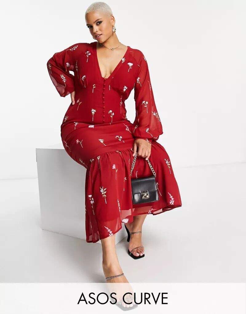 

Повседневное платье макси с вышивкой на пуговицах ASOS DESIGN Curve