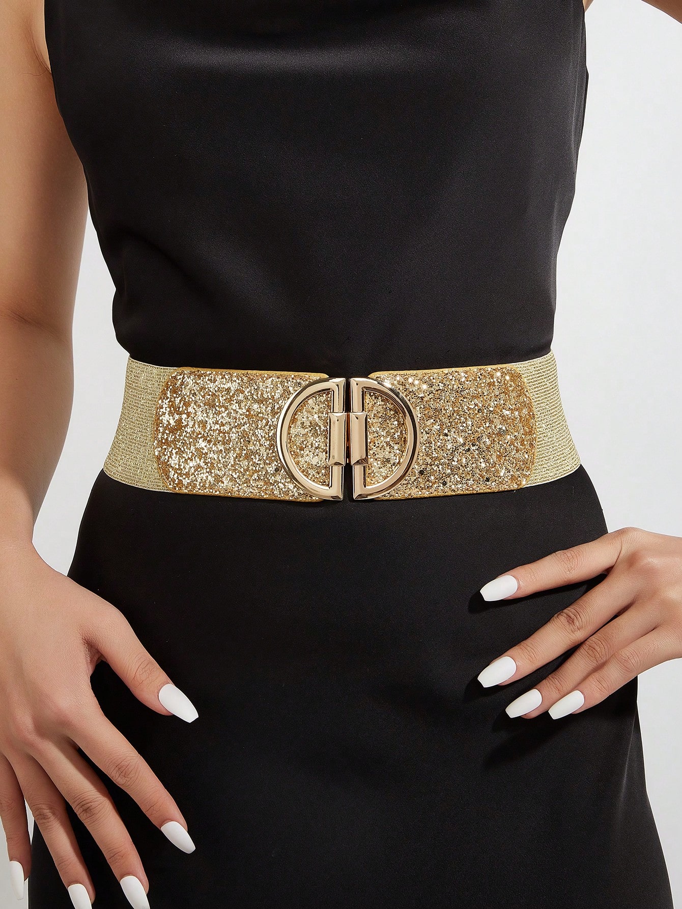 1 шт. женское блестящее платье из искусственной кожи с золотистой пряжкой D и эластичным поясом, золото