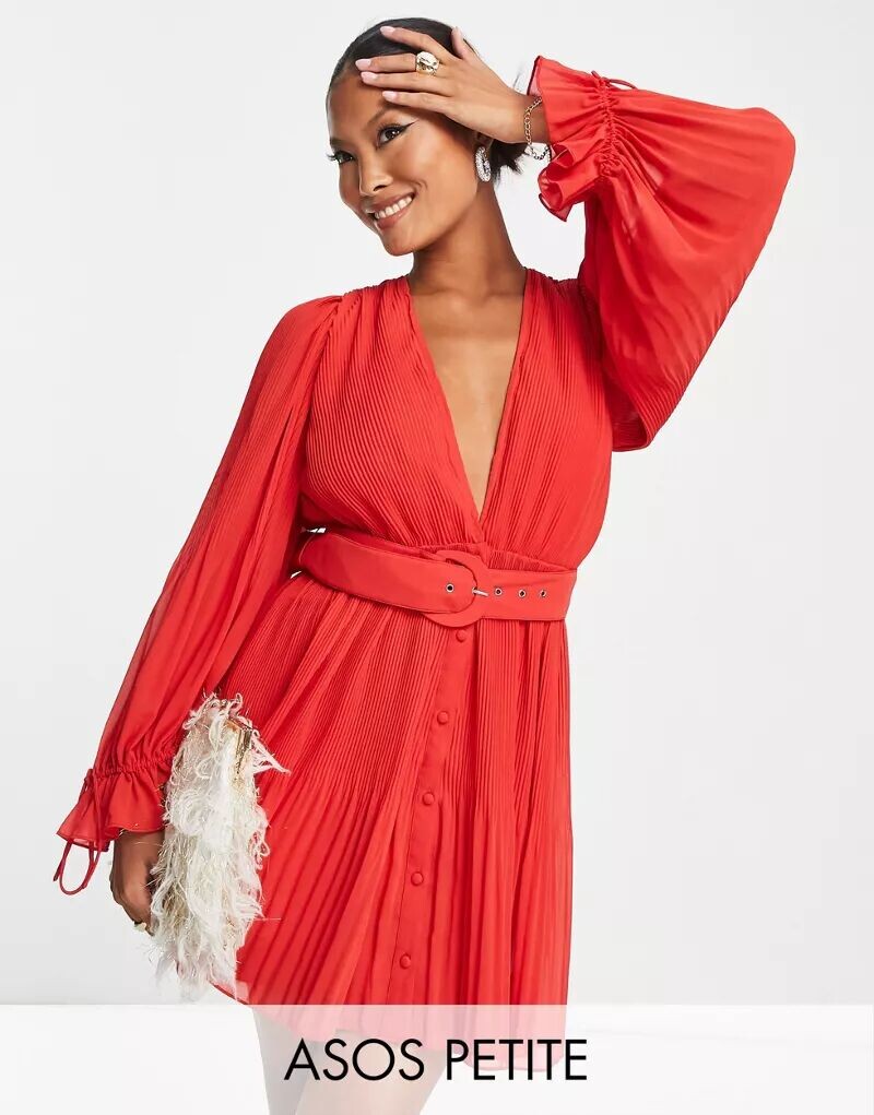 

Красное плиссированное мини-платье с объемными рукавами и поясом ASOS DESIGN Petite