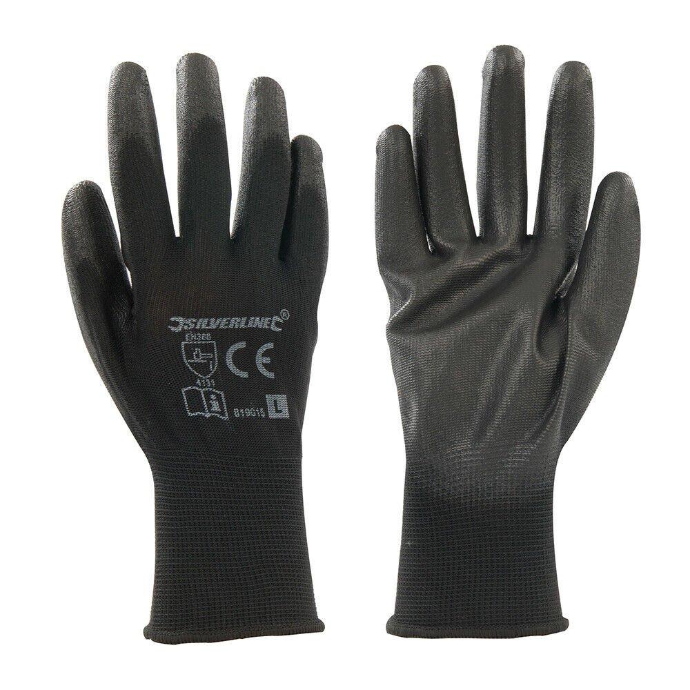 БОЛЬШИЕ черные перчатки 13-го калибра, трикотажные с полиэфирным покрытием, ладони и пальцы с открытой спиной Loops, черный черные трикотажные перчатки с логотипом hunter в красную полоску