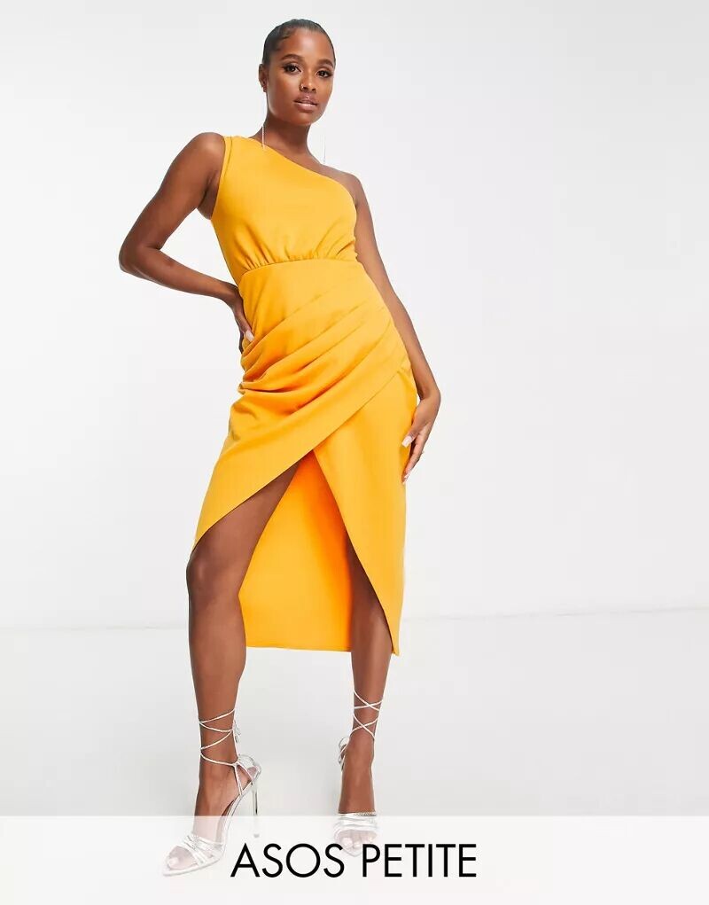 

Желтое платье миди на одно плечо и юбка с запахом ASOS DESIGN Petite