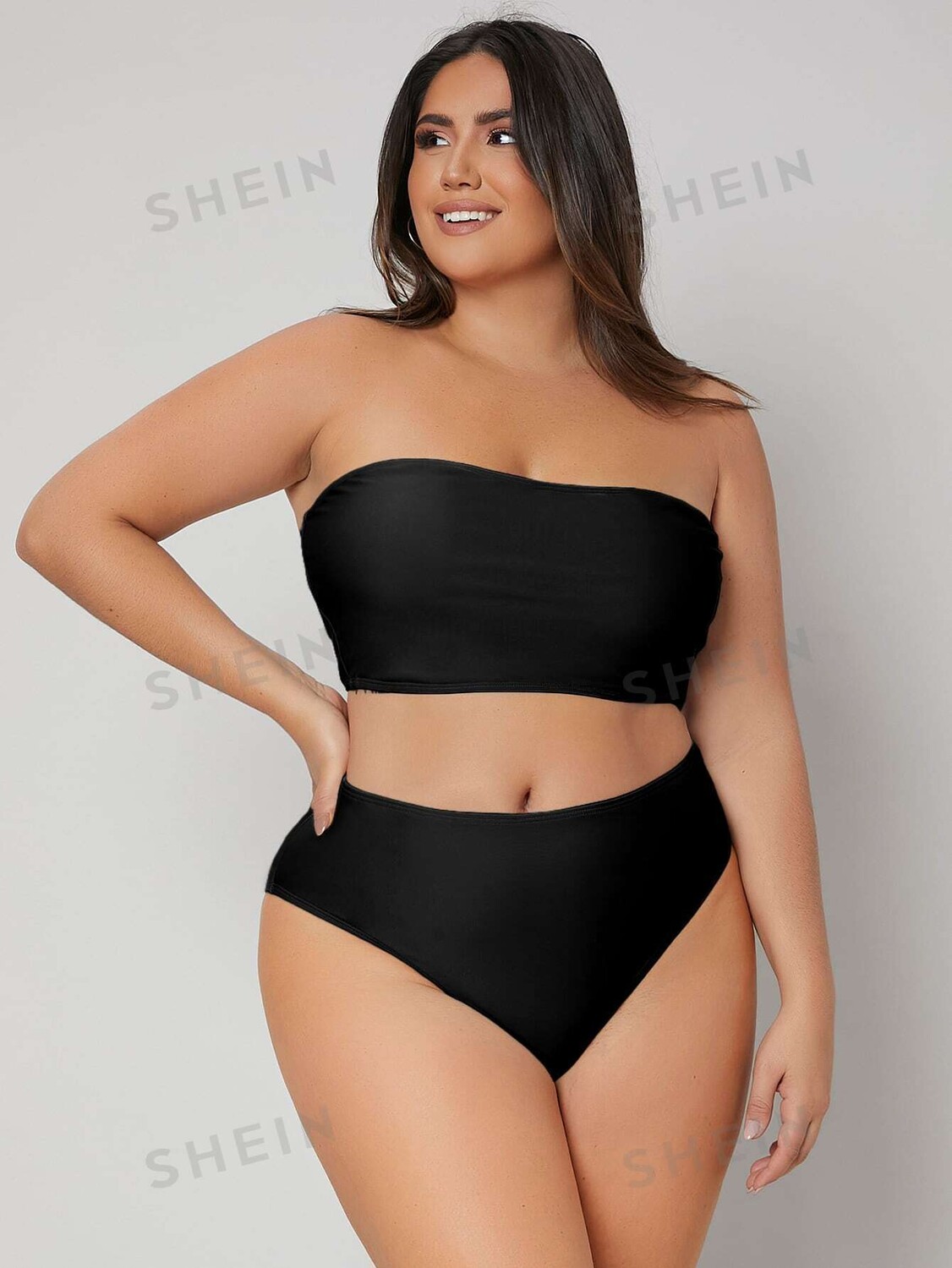 

Swim Curve Комплект бикини из 2 частей больших размеров, расклешенный верх и низ с завышенной талией, пляжное лето Shein, черный