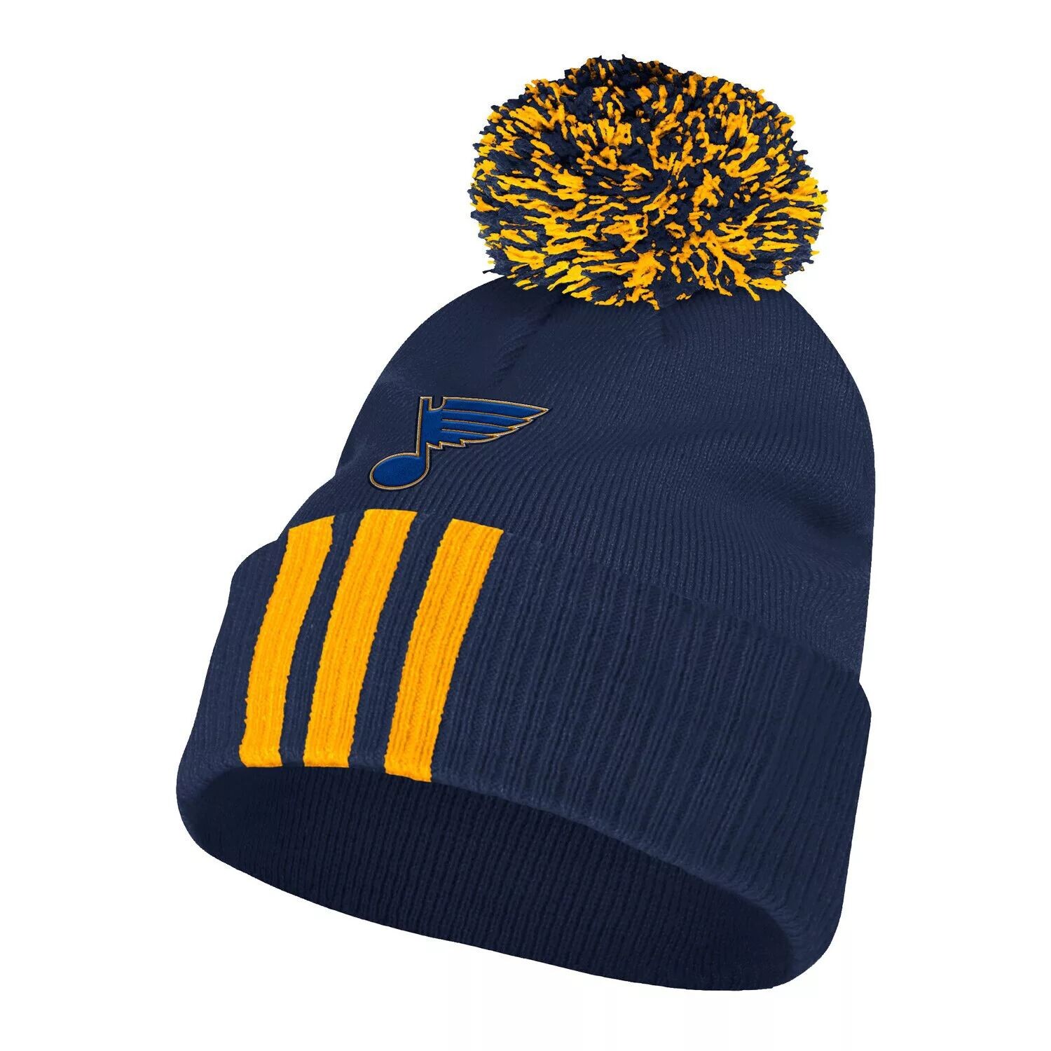 

Мужская вязаная шапка adidas Navy St. Louis Blues с тремя полосками и манжетами и помпоном