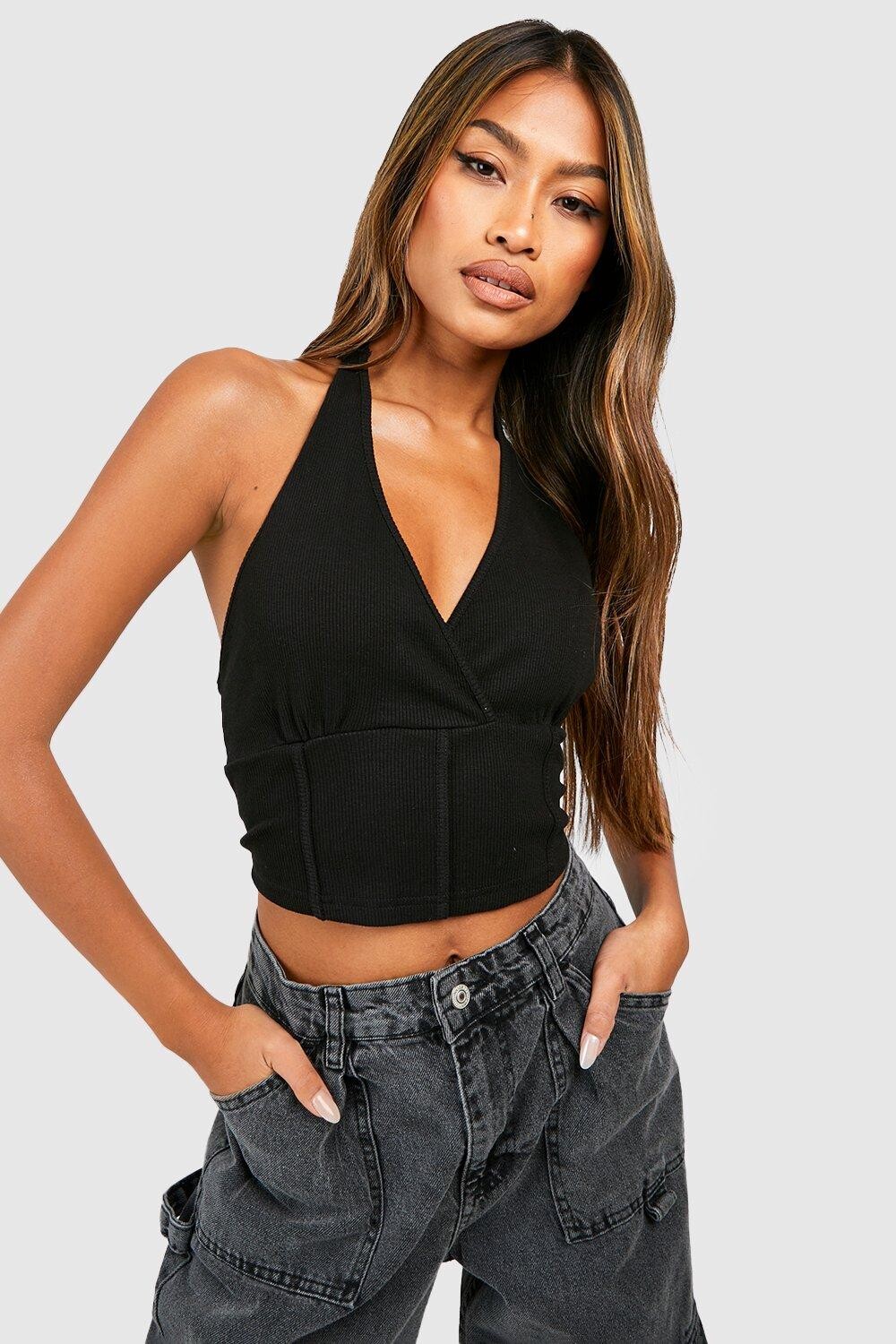 

Корсетный топ в ребрику с халтером Boohoo, черный