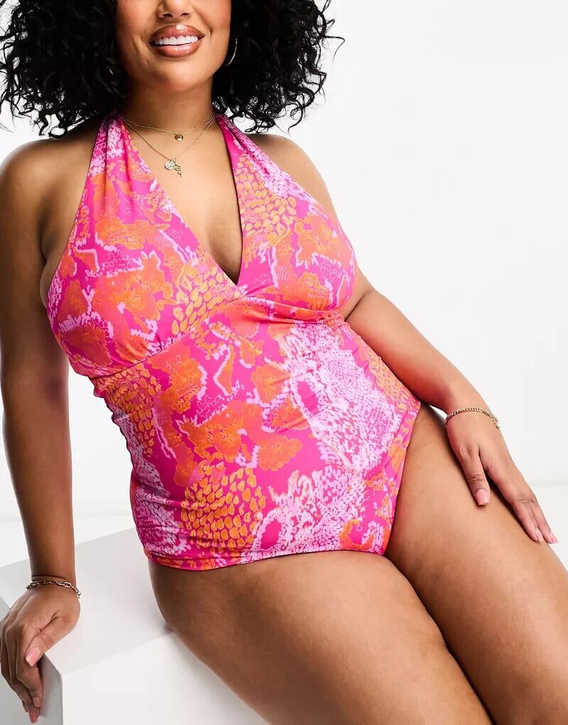 

Розовый купальник с вырезом халтер и змеиным принтом Vero Moda Curve