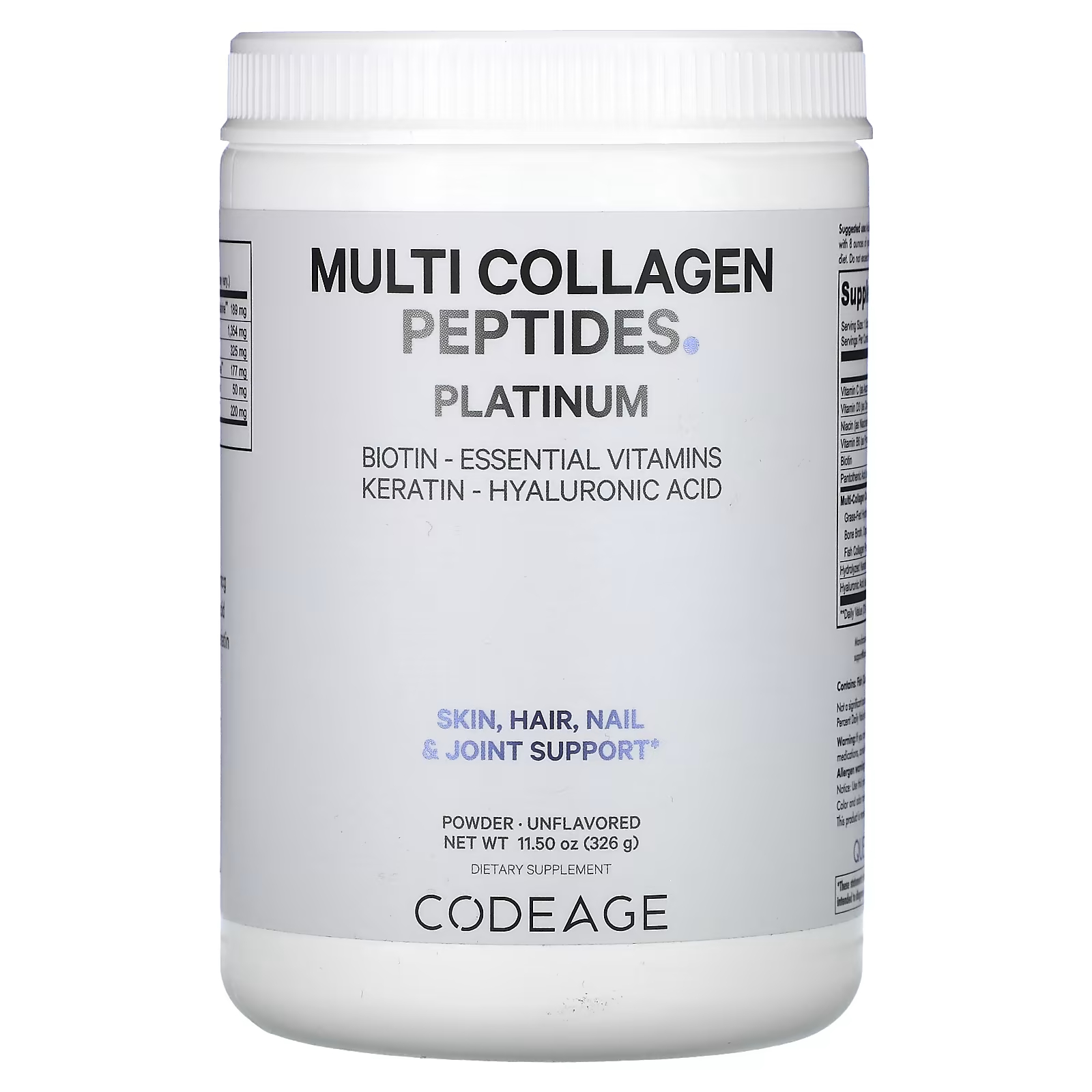 Codeage Multi Collagen Peptides Powder Platinum, без вкуса, 326 г codeage multi collagen peptides шоколад 18 17 унций 515 г