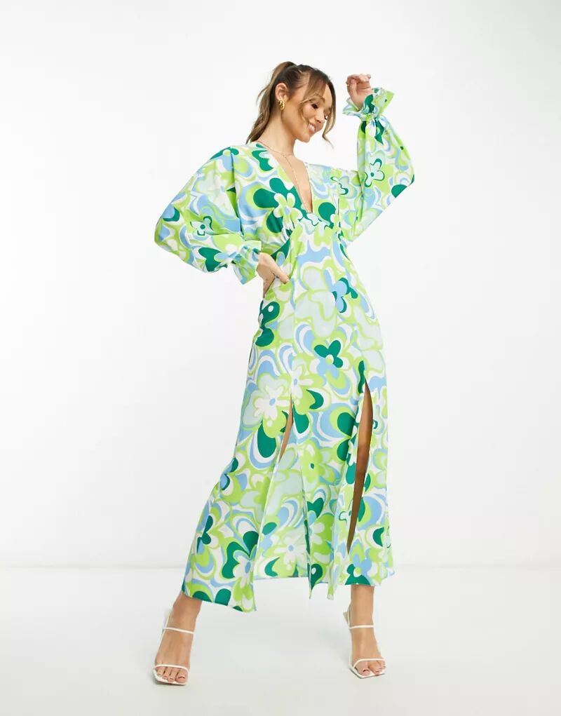 Зеленое платье макси с цветочным принтом в стиле ретро ASOS с рукавами «летучая мышь»