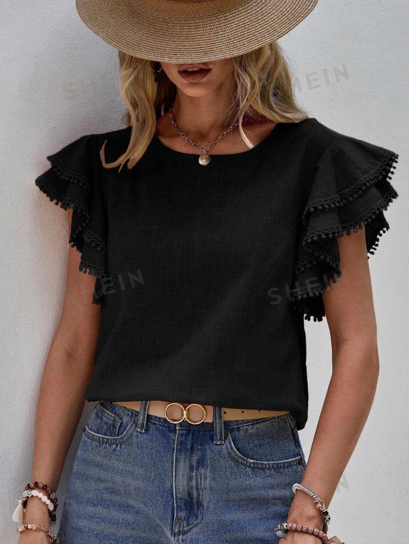 SHEIN LUNE Однотонная рубашка с короткими рукавами и круглым вырезом, черный фото