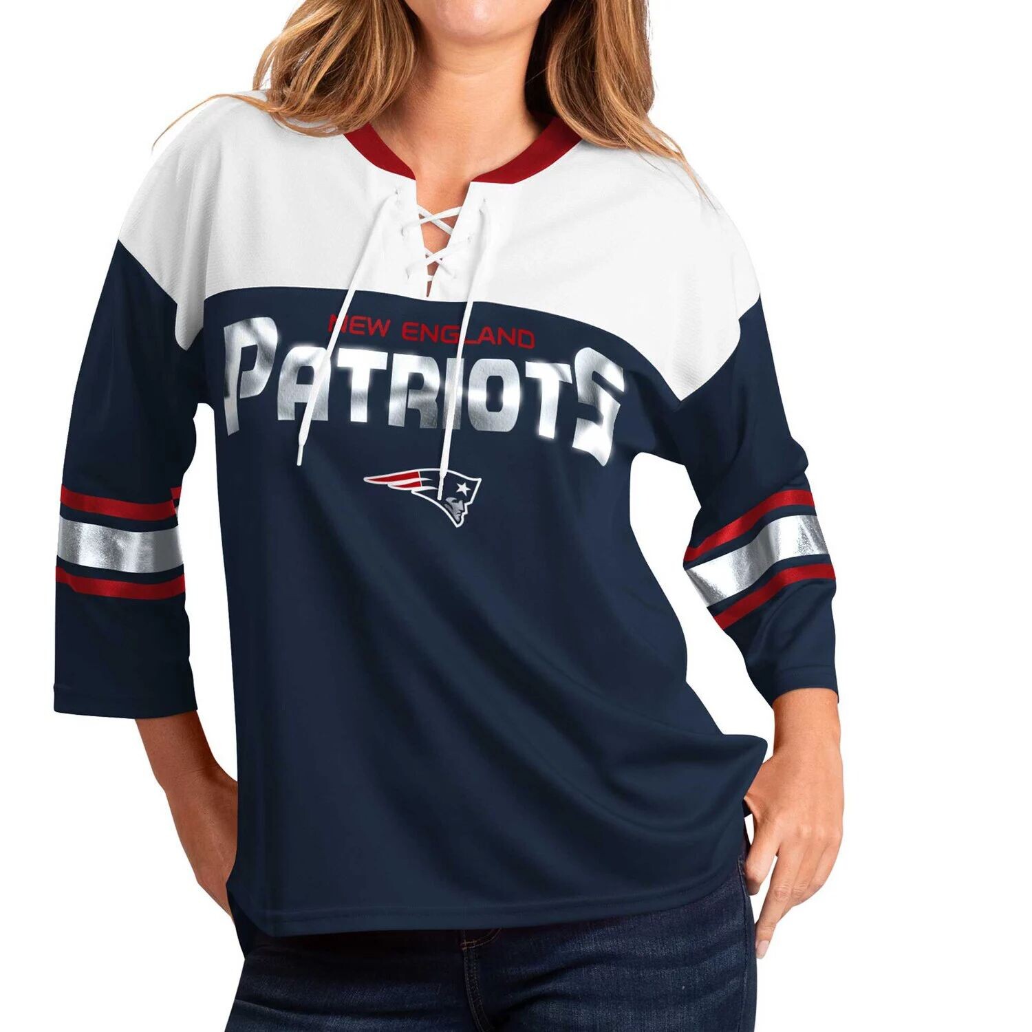 

Женская футболка G-III 4Her by Carl Banks темно-белая футболка New England Patriots Double Team с рукавами 3/4 на шнуровке G-III