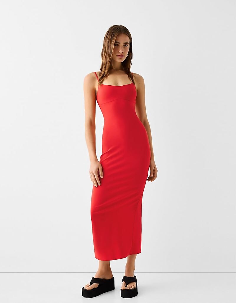 

Bershka – Красное бенгальское платье макси на тонких бретелях