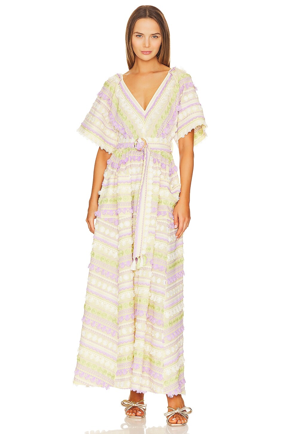 

Платье макси Hayley Menzies Embroidered Kimono Sleeve V-neck Cotton, цвет Sun Wink Chartreuse