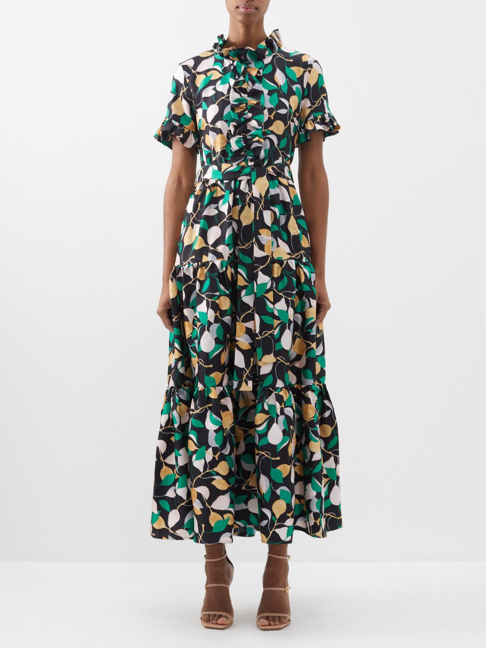 Платье из шелкового твила с рюшами и фруктовым принтом La DoubleJ, зеленый цена и фото