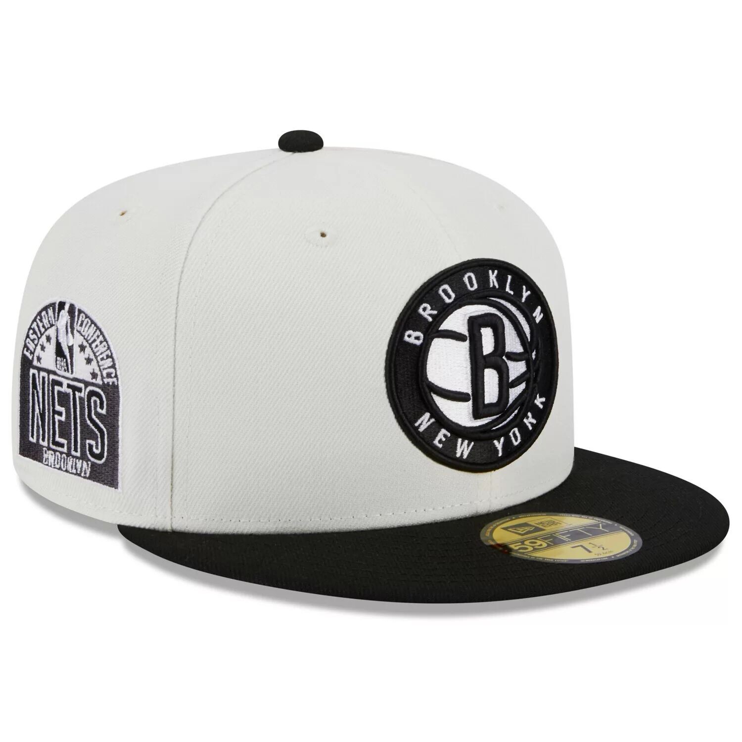 

Мужская новая эра кремового/черного цвета Brooklyn Nets Retro City Conference с боковой нашивкой 59FIFTY Облегающая шляпа New Era