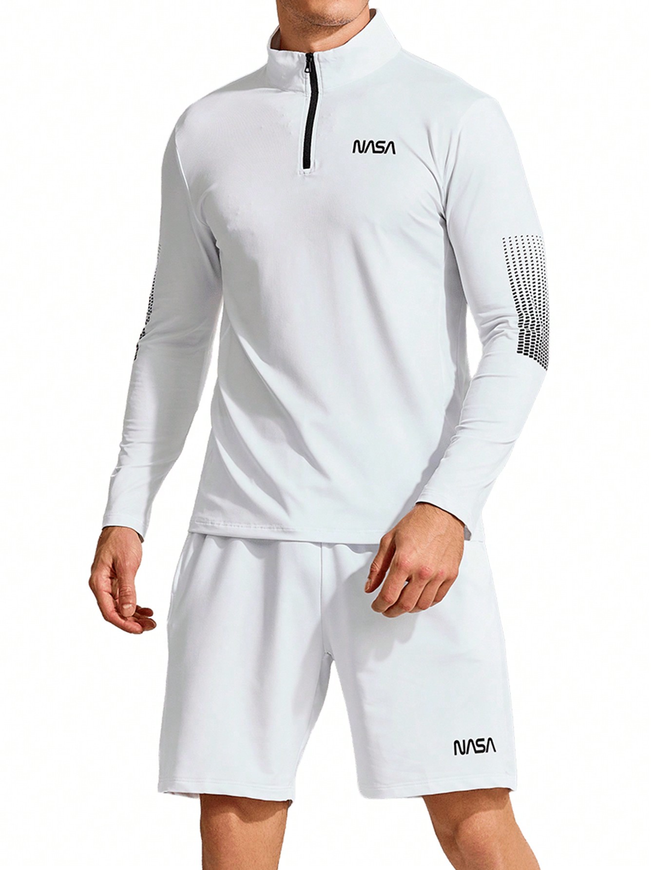 Мужской спортивный комплект из топа и шорт с длинными рукавами и полумолнией с буквенным принтом, белый