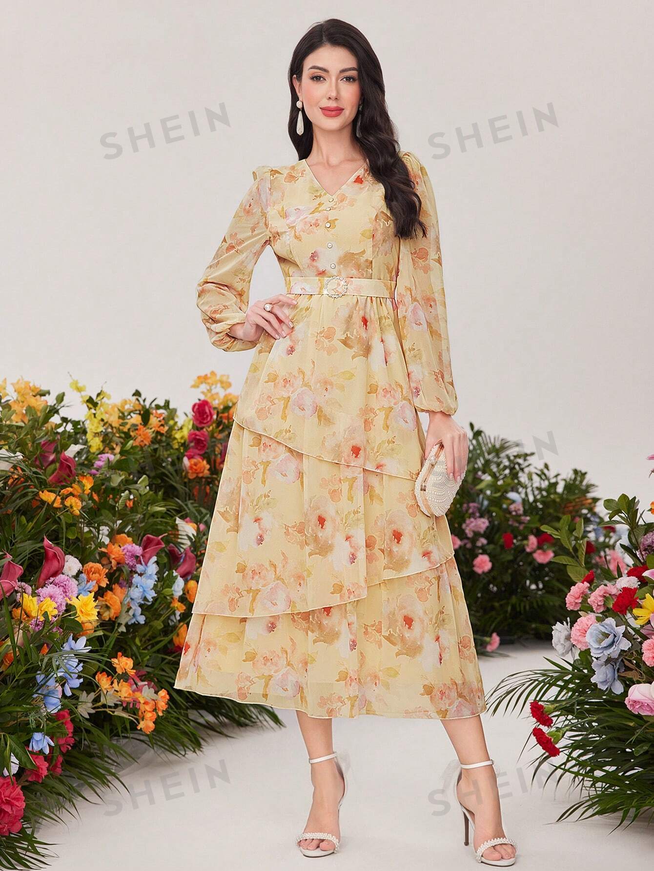 SHEIN Modely женское платье с цветочным принтом и рукавами-фонариками, многоцветный платье миди женское летнее с цветочным принтом и рукавами фонариками