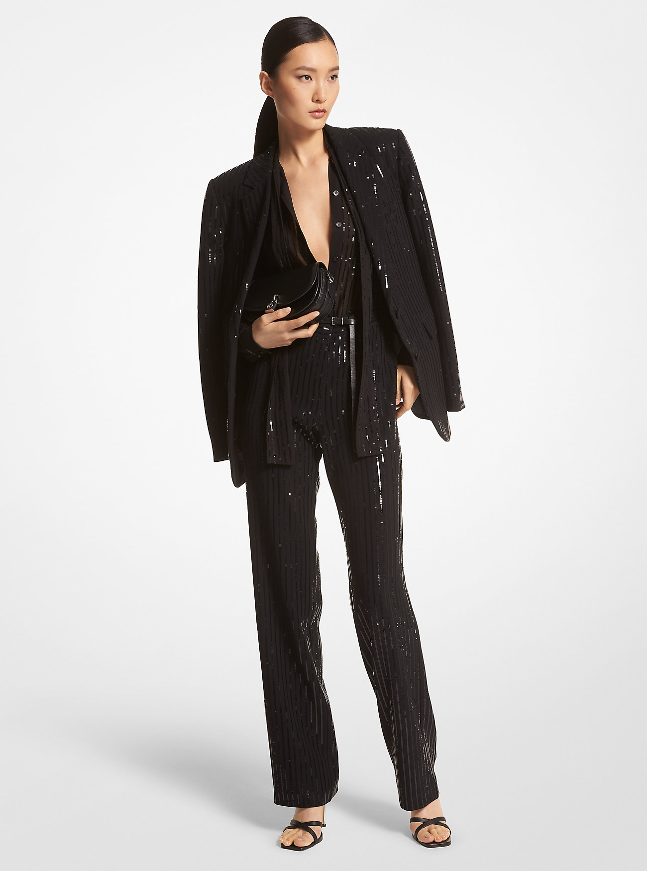 Креповый пиджак-бойфренд в тонкую полоску с пайетками Michael Kors, черный однобортный пиджак джорджина с пайетками michael kors collection черный
